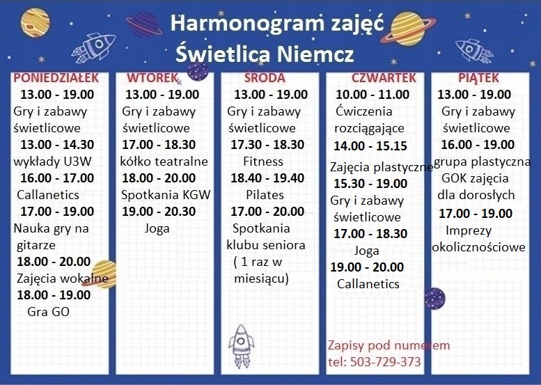 Read more about the article Harmonogram zajęć w świetlicy Niemcz